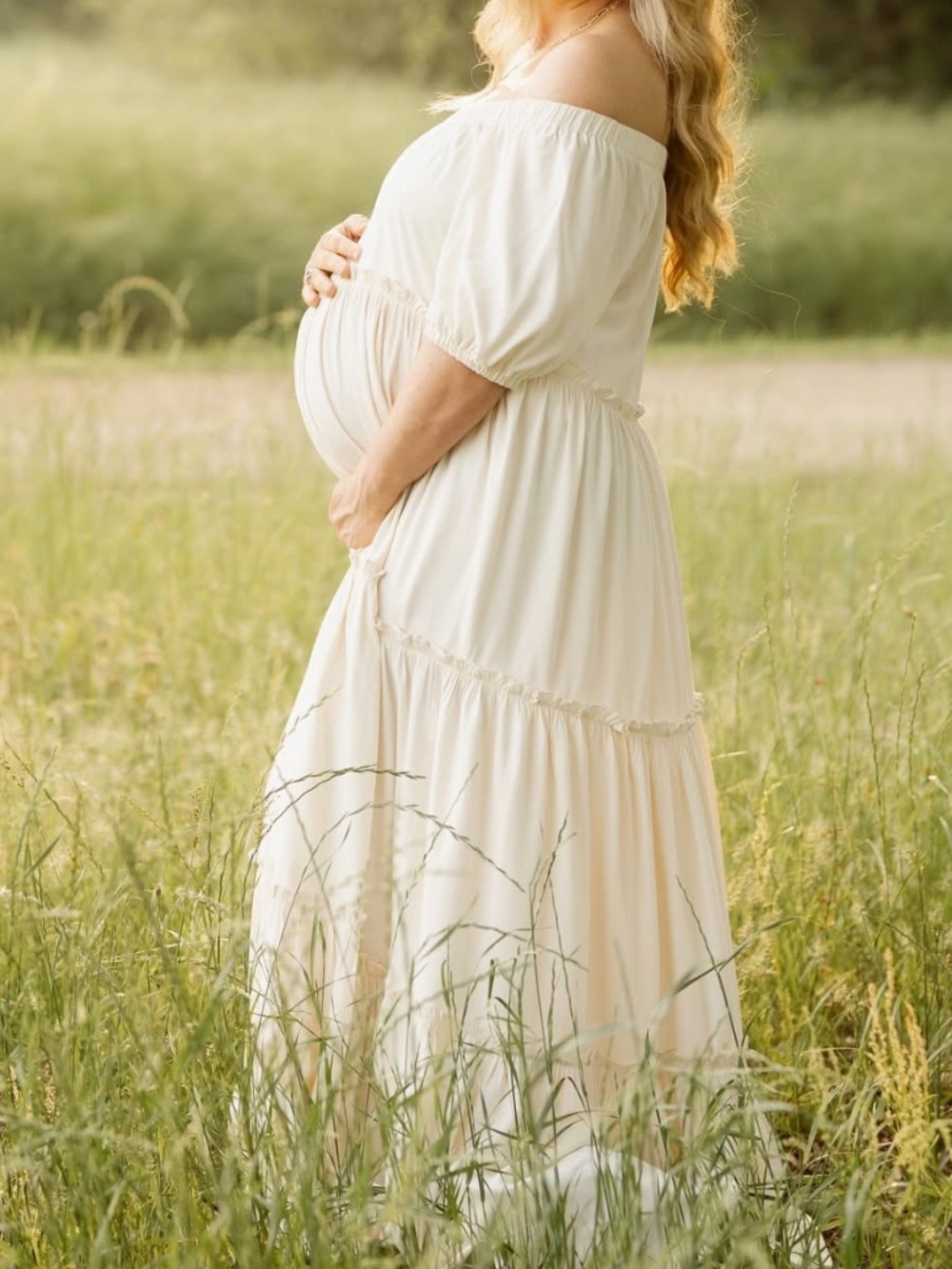 Pinkblush Maternity Cream Off-Shoulder Ruffle Tiered Maxi Dress